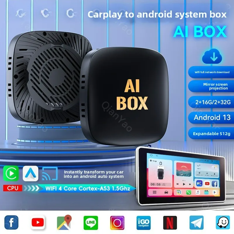 

Мини-бокс CarPlay AI Box 2+32 ГБ Android 13, беспроводной адаптер 3-в-1 для CarPlay и Android Auto, поддержка Netflix, YouTube, Google Play для 98% автомобилей