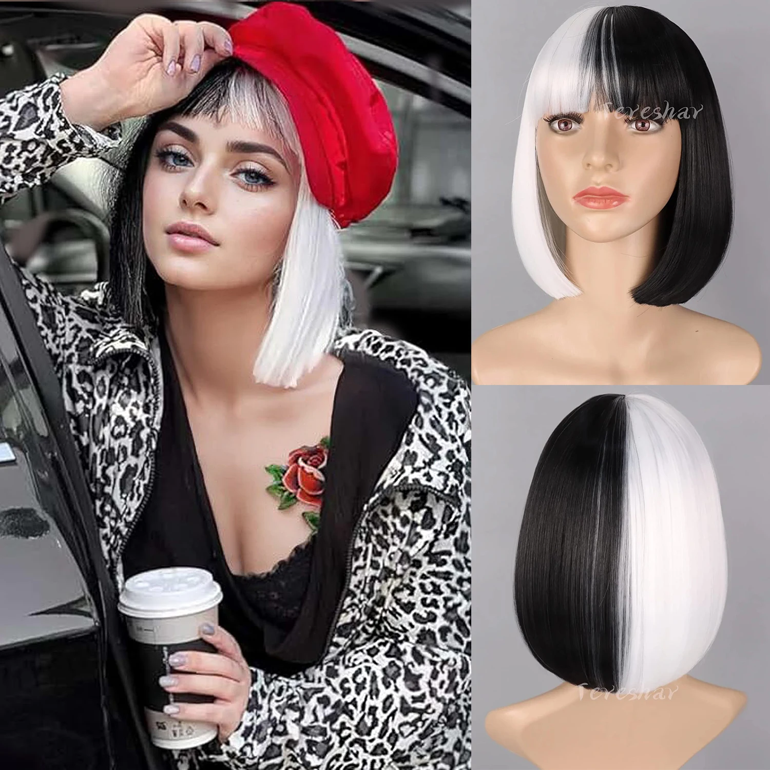 Synthetic Half Black Half White Bob Wig with Bangs Short Straight Bob Wigs for Women Straight Hair Wig Cosplay Party Wear