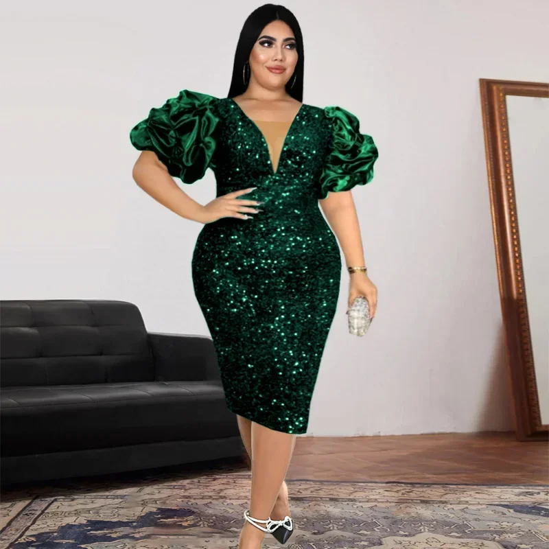 Women Plus Size Sexy V-neck Dresses Stacked Sleeve High Waist V-back Party Sequined Clothing Pile Up One Step Dark Green Red