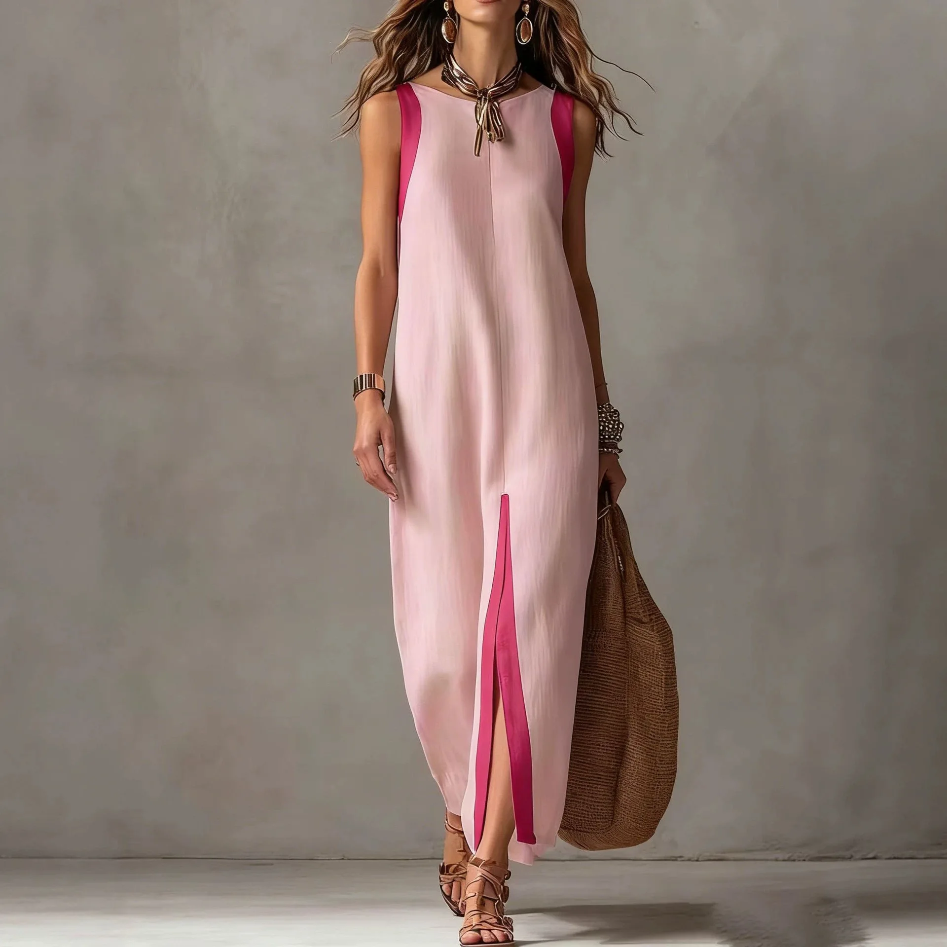 Summer Woman Dress Sleeveless Round Neck Mid Waist Dresses Boho Asymmetrical Hem Maxi Dress Front Slit Contrast Trim Casual
