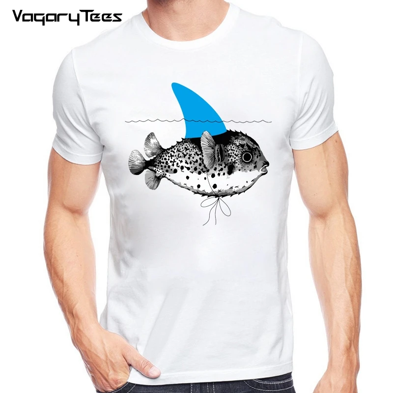 New funny Puffer fish and Shark Brand fake shark Fish Cool Printed Men's Casual T-shirt Male Retro Hipster Tops Tee