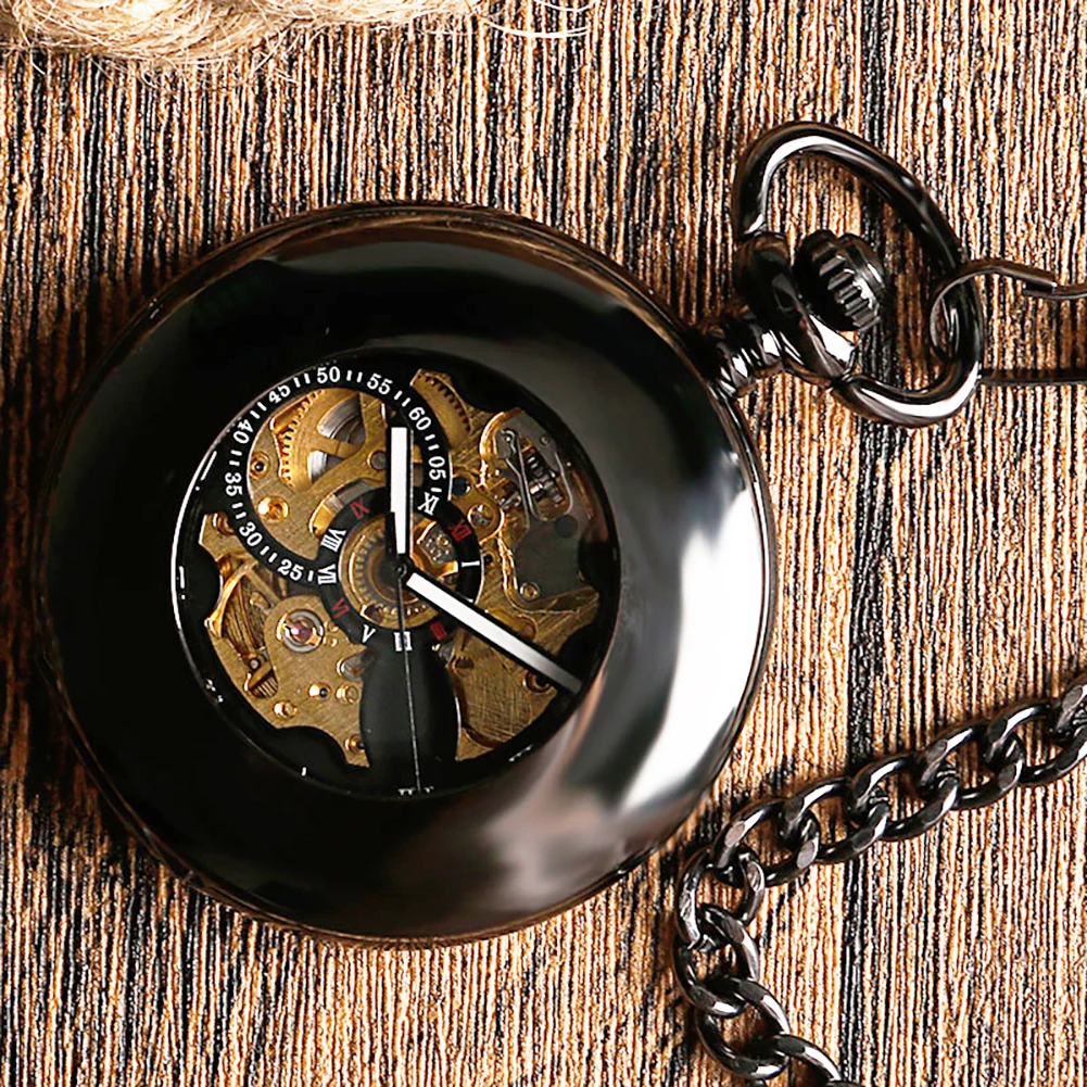 Circle Openwork Automatic Mechanical Pocket Watch Smooth Case Self-Wind Pocket Watches Black Pendant Roman Numeral Dial Clocks