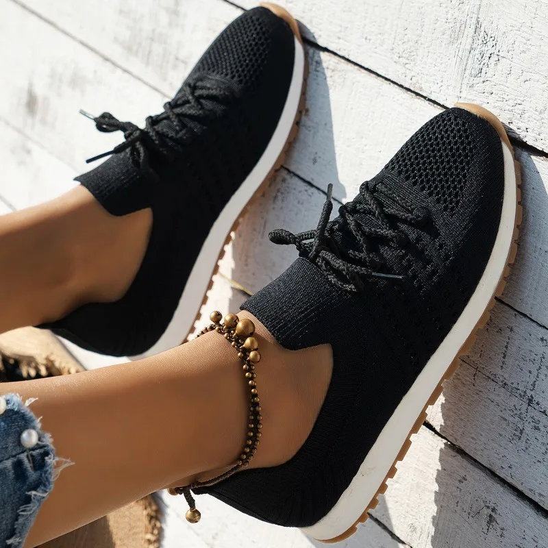 Brown Knit Breathable Sneakers Shoes Women  New Soft Sole Platform Flats Woman Plus Size 43 Non Slip Casual Shoes