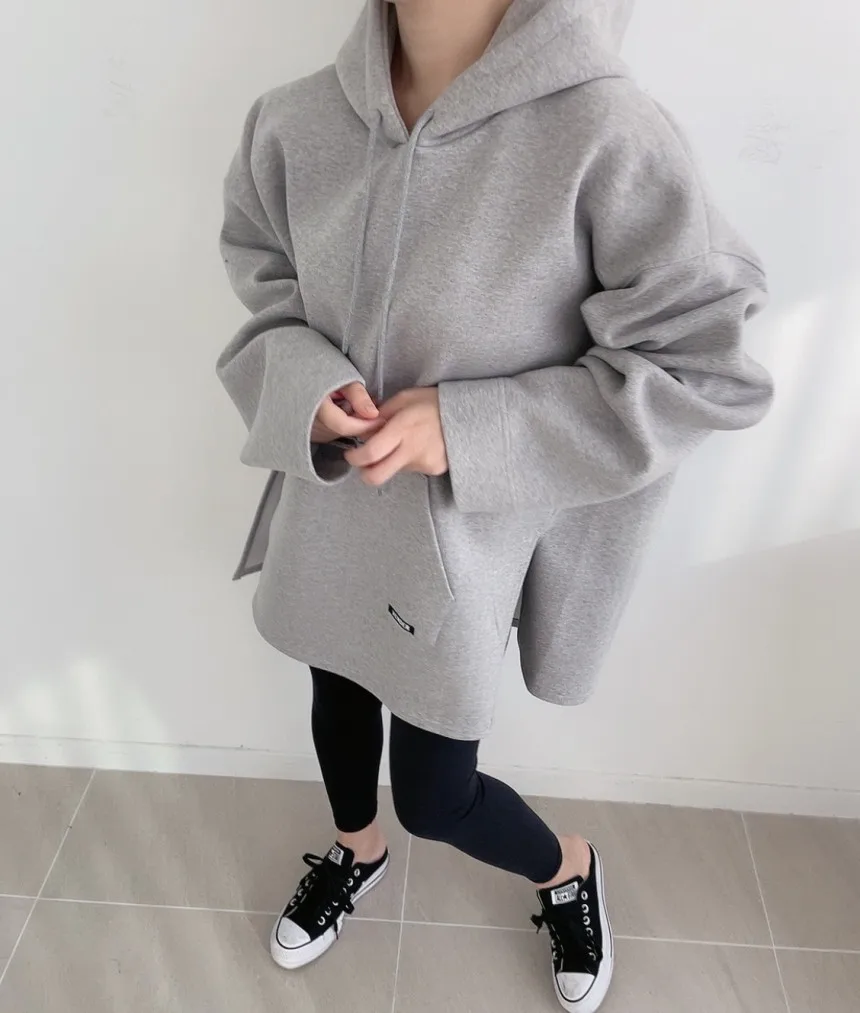 Trendy Japanese Style Long Sleeve Hoodie Women's Autumn Winter Loose Mid-Length Top Coat Simple Commute Style Pure Color
