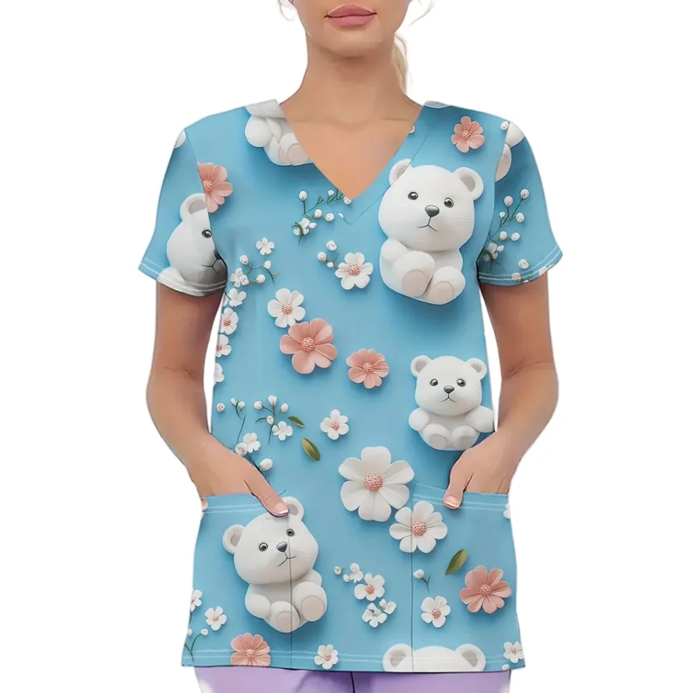 手術服女性かわいい漫画プリント獣医看護師夏のファッション V ネック半袖ポケット付きスクラブ女性トップス