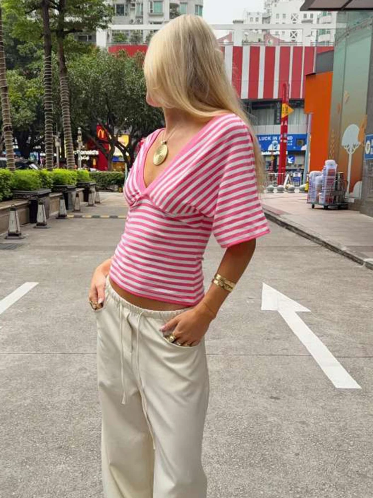 Kliou Gestreifte Patchwork-T-Shirts für Damen, Sommertrend, V-Ausschnitt, kurze Ärmel, rückenfrei, Nabel freigelegt, Street-Casual-Mode-Style-Tops – Detail 10