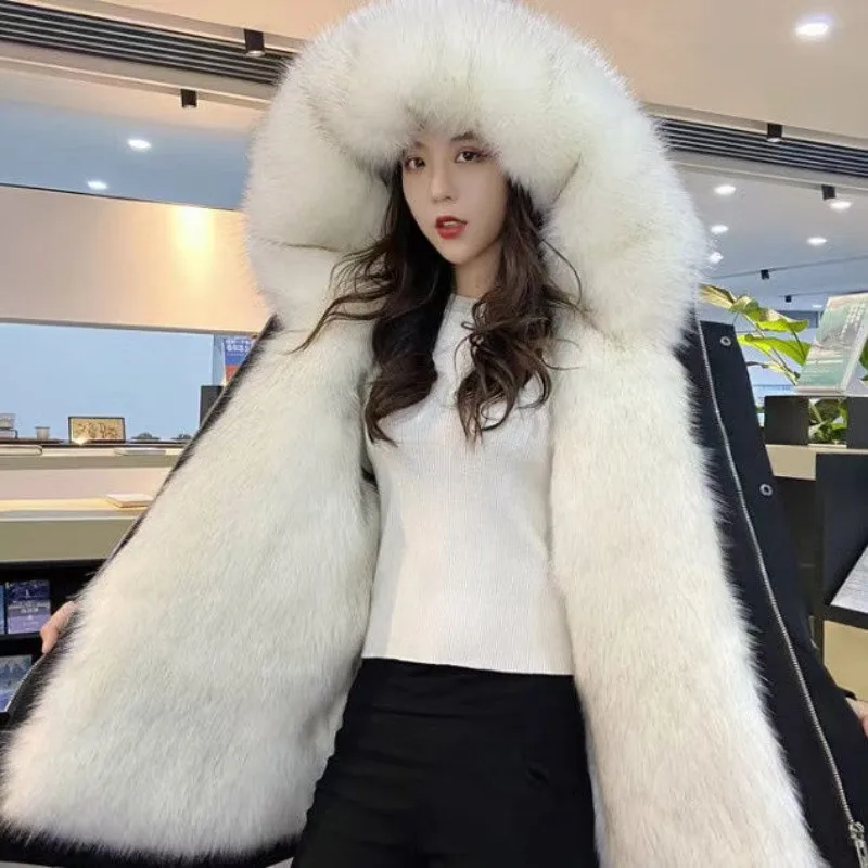 Women's Clothes Puffer Jacket Faux Fur Coat Thicken Golden Mink Fur Detachable Outer Jacket Inner Lining Leather Fur Combination