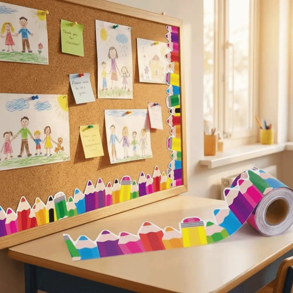 Copperplate Paper Pencil Shape Blackboard Stickers Self Adhesive Colorful Border Sticker Roll Die-Cut Trim Multi-length