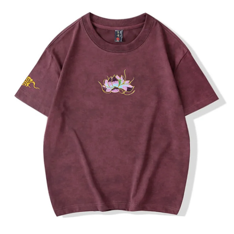 

Heavy Embroidery T Shirt Men Tie-Dye Washed Lotus Embroidery Short-Sleeved Summer Retro Loose Short Sleeve T-Shirt
