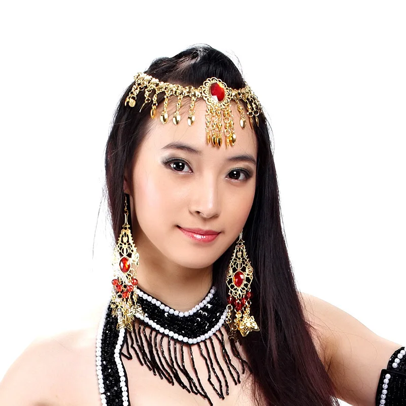 1pcs/lot woman belly dancing red rhinestone headwear female fashion dancing tassel headwear