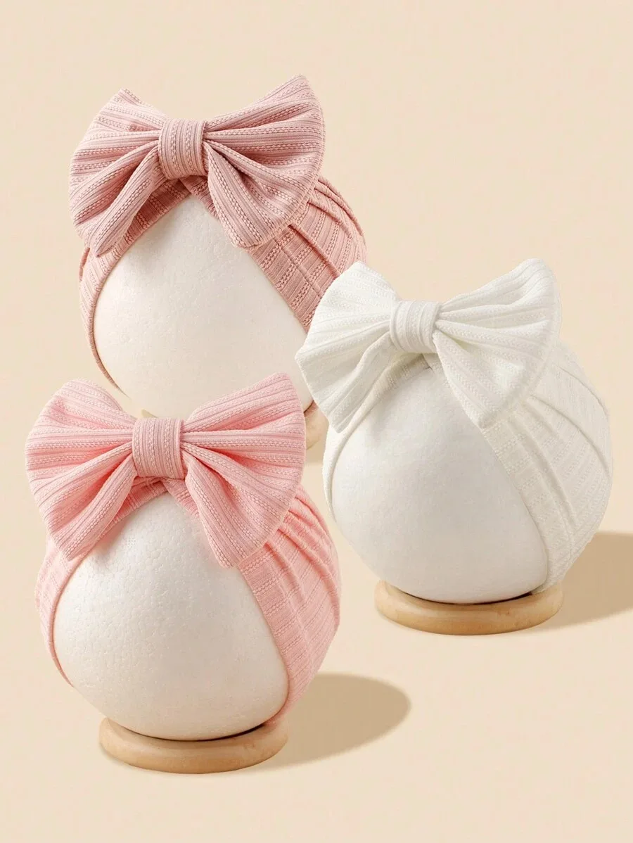 3pcs/set Baby Strips Bow Bonnet Solid Color Breathable Soft Turban For Infant Girls Large Bow Beanie For Photograph Headdress