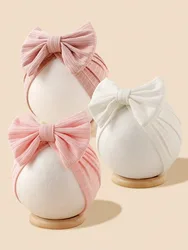 3pcs/set Baby Strips Bow Bonnet Solid Color Breathable Soft Turban For Infant Girls Large Bow Beanie For Photograph Headdress