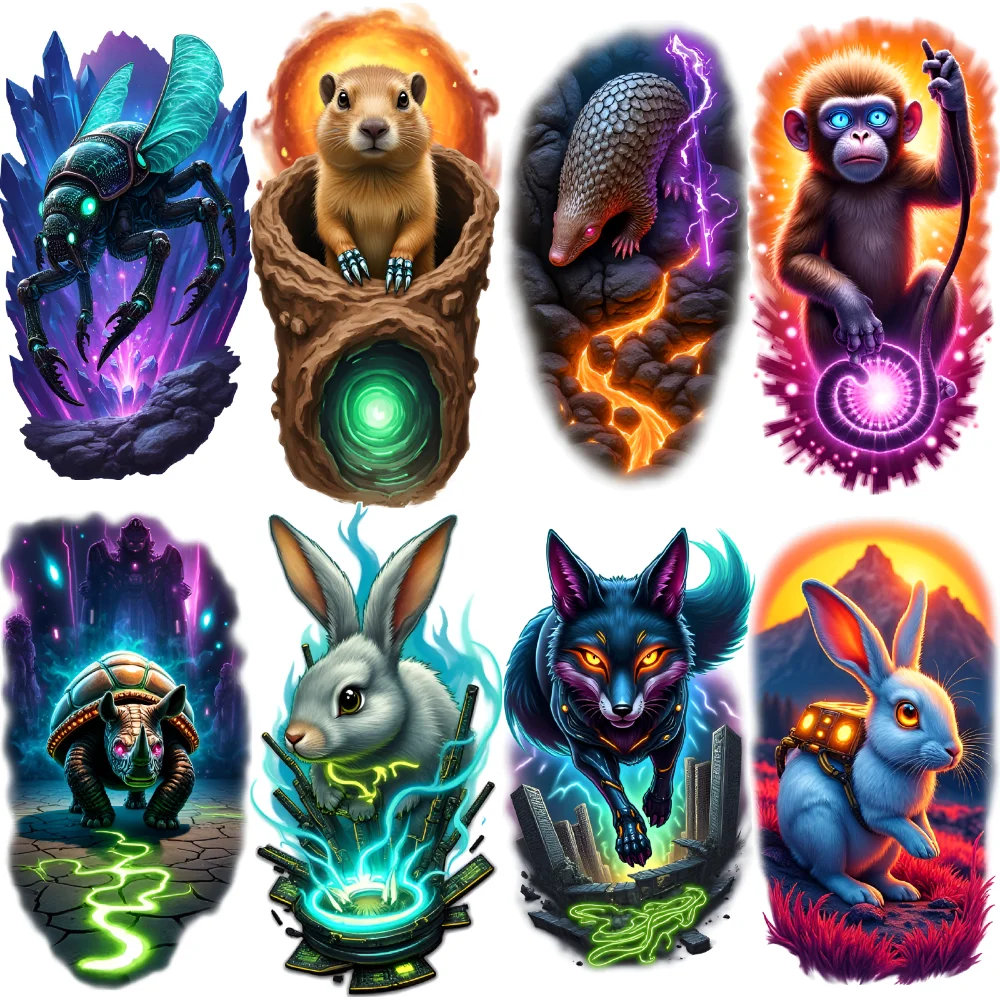 

3pcs Temporary Tattoo Rhino With Wings Colorful Realism Rabbit With Backpack Beetle On Crystal For Men Arms Adults