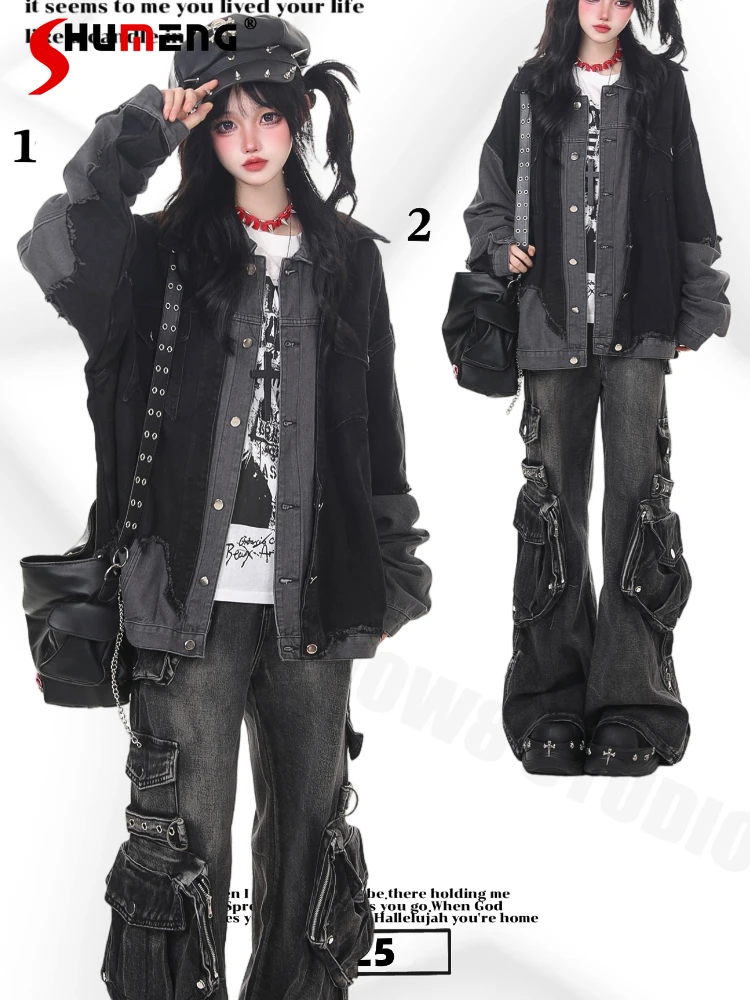 النمط الأمريكي موضة ريترو المتعثرة الدنيم سترة للجنسين فضفاضة عادية واحدة الصدر تنوعا سترات قصيرة النساء الخريف #1