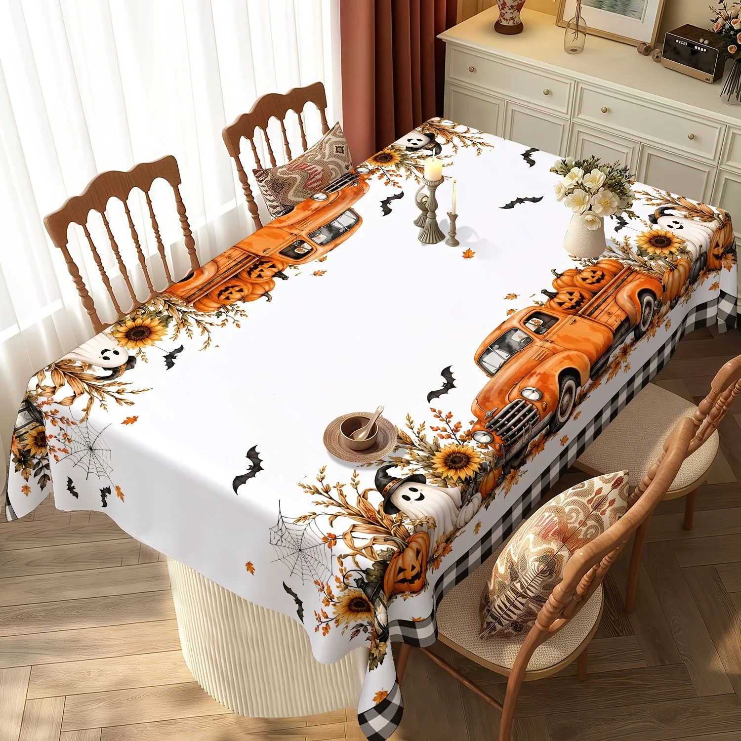 1pc Vintage Farmhouse Style Halloween Harvest Season Tablecloth with Vintage Orange Pickup Truck, Jack-o'-Lantern, and Bat Patte