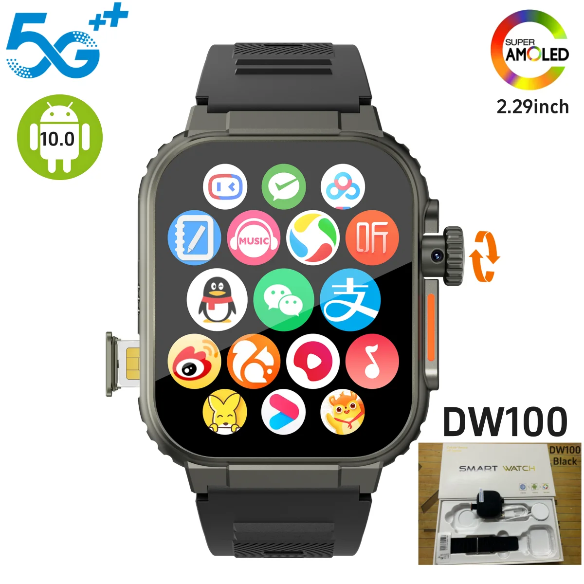 Original DW100 Smart Watch 4G/5G LTE Rotary Camera GPS Position WIFI Video Global Calling 2.29'' Amoled Android 10.0 Smartwatch