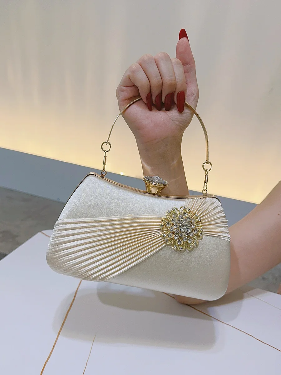 

Elegant Golden Crinkle Satin Evening Clutch with Rhinestone Strap Formal Dinner Party Purse for Women Wedding Prom Handbags