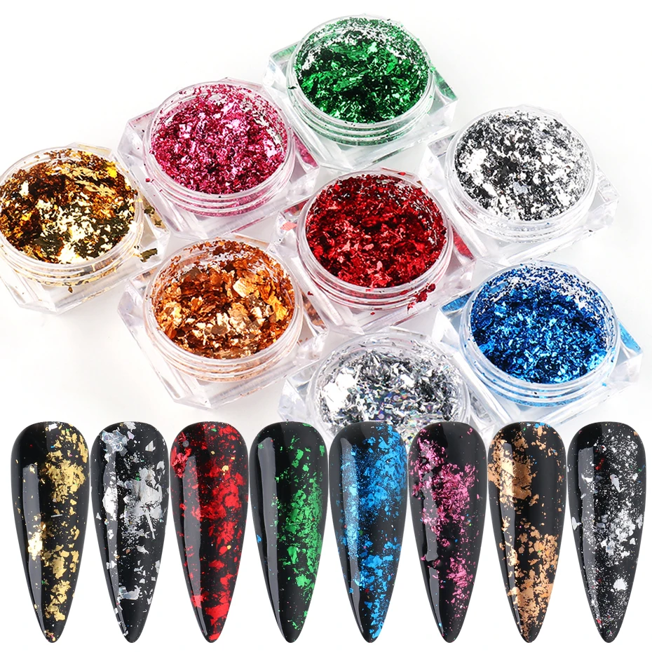 1pcs ฟอยล์ Holographic เล็บ Glitter ผงอลูมิเนียมทองเงินเลื่อมฟอยล์ Paillette Flake Strass Nail Art อุปกรณ์เสริม JICB01-08-1