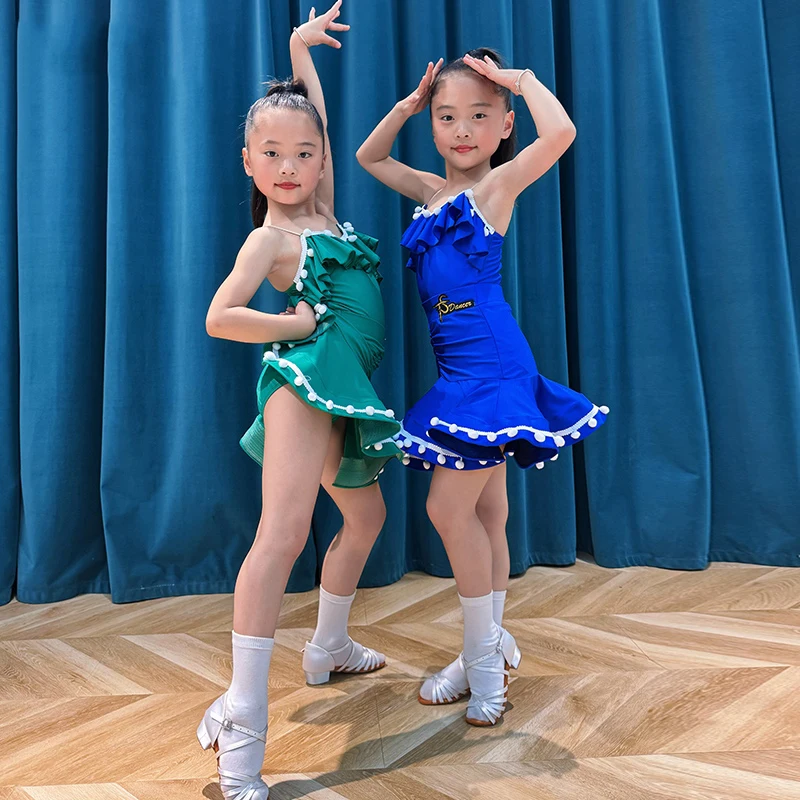 

Girls Latin Dance Practice Clothes Kids Cha Cha Rumba Samba Dance Training Dress Blue Green Ruffled Tops Fishbone Skirt BL15689