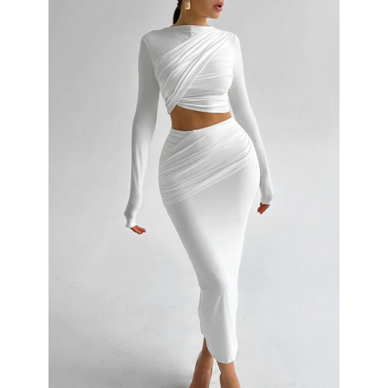 

European and american women's clothing2024Autumn and Winter New round Neck Long Sleeves Cropped Top Slim Skirt Suit Women