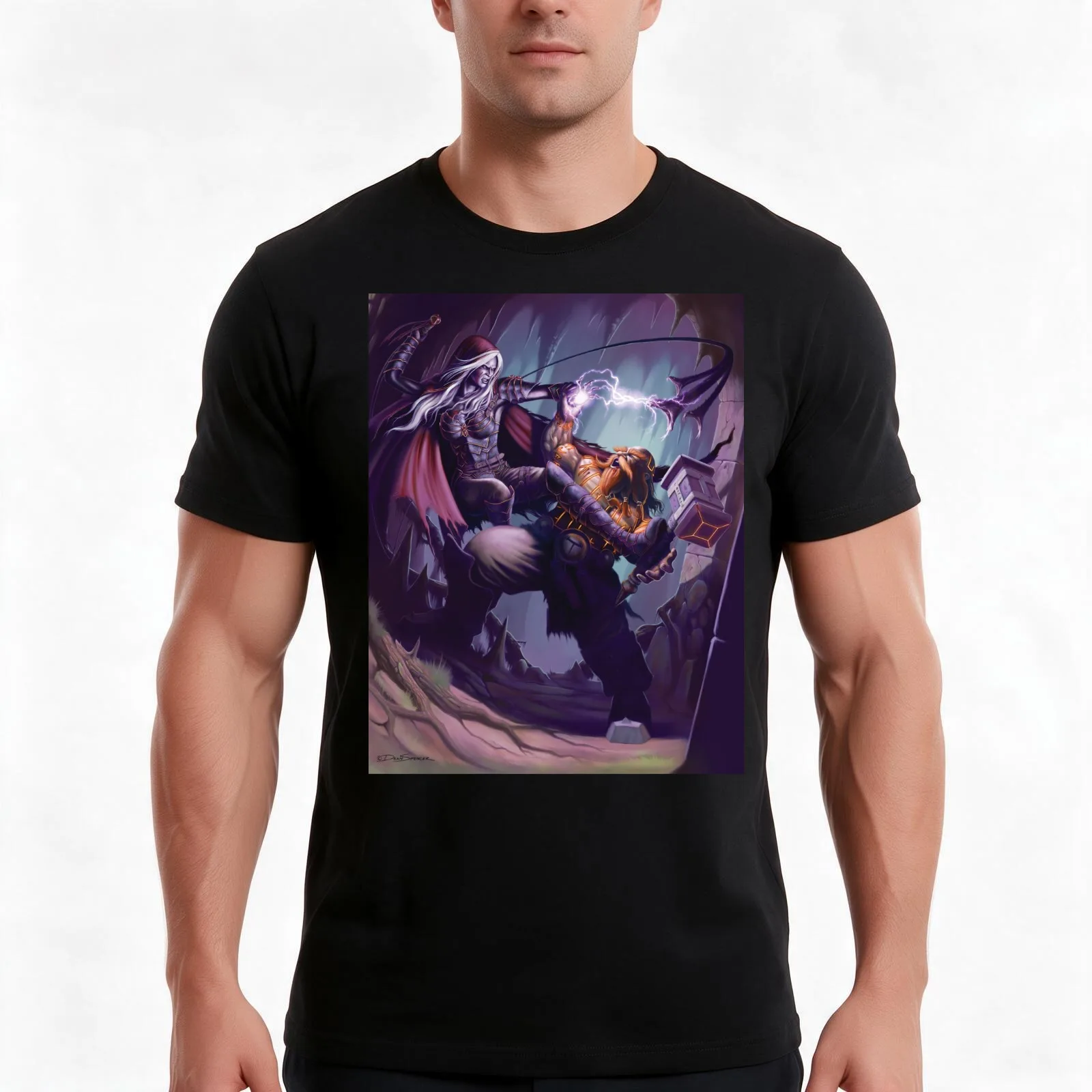 Dark Elf Priestess vs Dwarf Rune-caster T-Shirt Summer Casual Cotton Tee Oversized Streetwear Tops Vintage Graphic Print