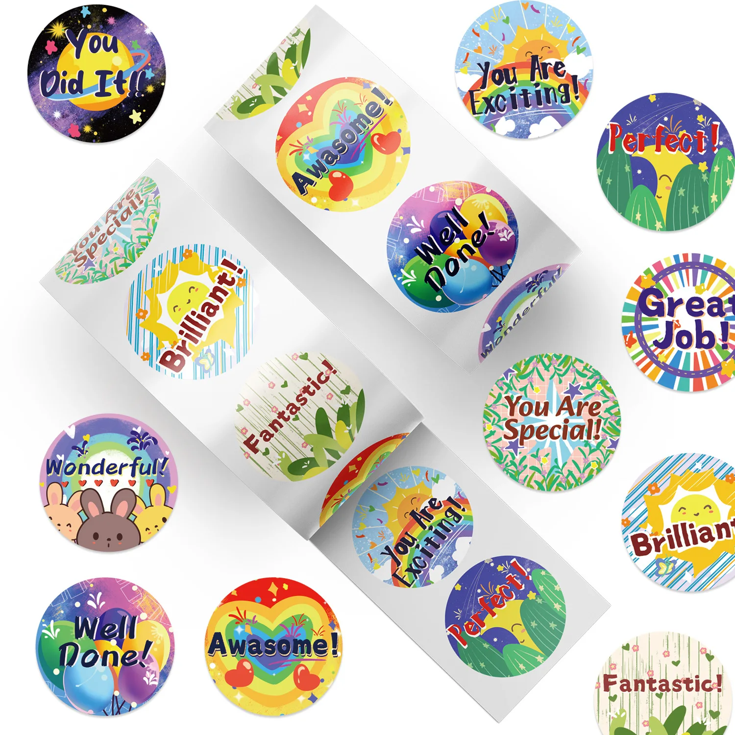 500 Pcs Cartoon Awesome Great Job Encouraging Round Journal Supplies DIY Decorative Stickers for Gift