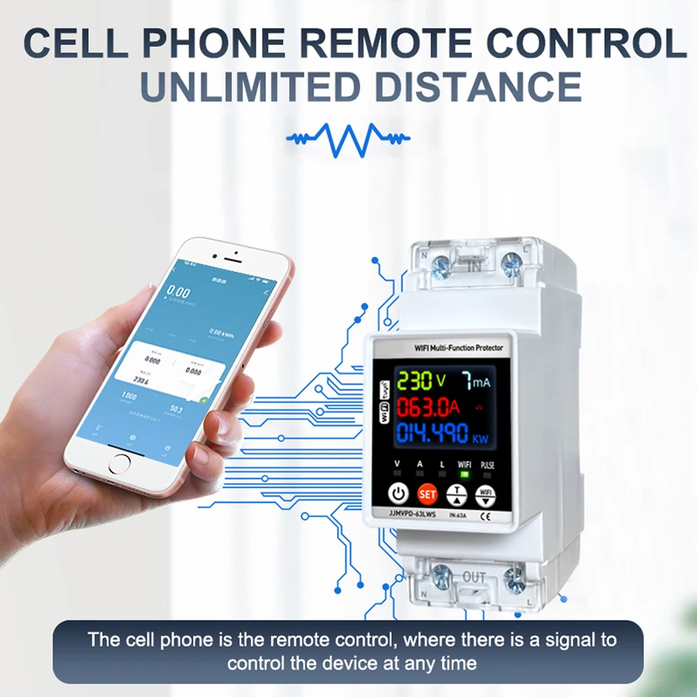 Tuya WiFi Automatic Reclosuring Protector KWH Electric Meter  Intelligent Circuit Breaker Single Phase Adjustable Voltage