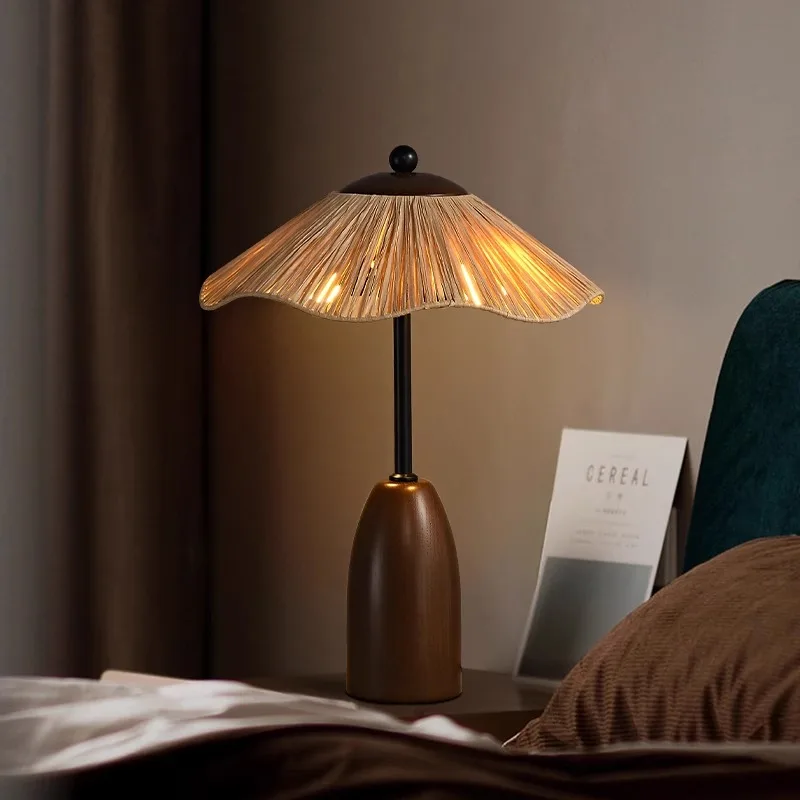 Medieval Wabi-sabi Style Living Room Sofa Floor Lamp Solid Wood Straw Bedroom Bedside Vertical Table Lamps