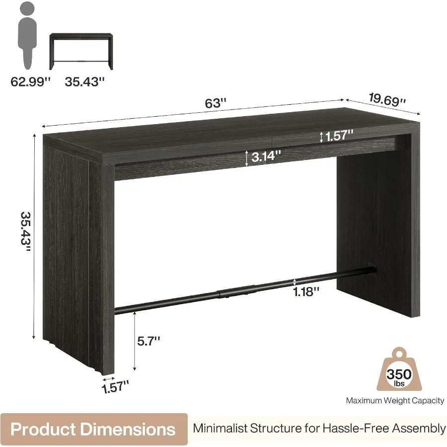 Bar Table, 63-Inch Modern Counter Height Pub Table with Metal Footrest, Rectangular High Bar Dining Table, Home Bar Unit for Ki