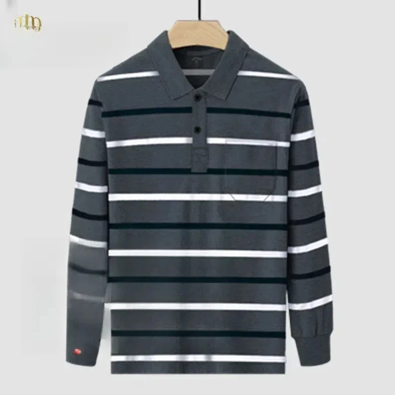 Men\'s Clothing Spring Autumn Turn-down Collar Long Sleeved Striped Button Contrast Color T-shirt Formal Casual Fashion Tops