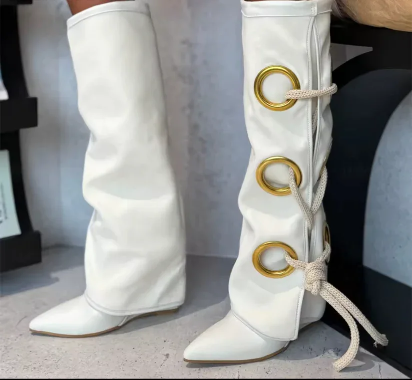 New Autumn/Winter Women's Black Suede Knee High Boots Gold Ring Decor Lace Up Design, Pointed Toe Block Heel Stylish Long Boots view 2