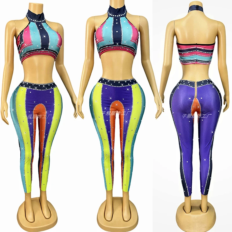 

Women’S Clothing Colorful Halter Crop Top Pants Set Singer Performance Suit Model Show Stage Costume Nightclub Party Outfit 3613