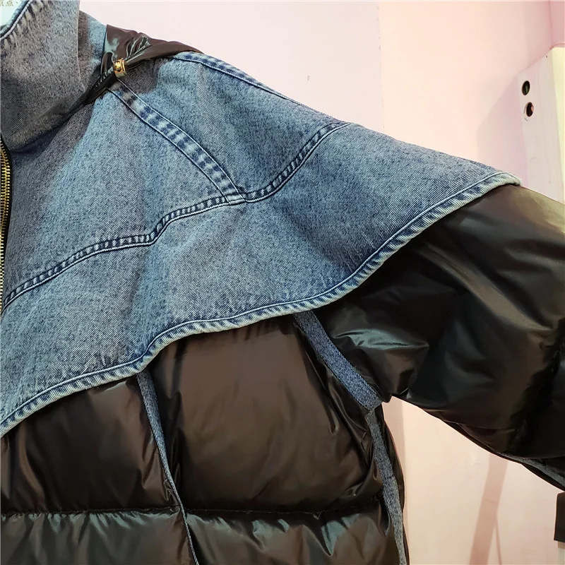 winter fashion denim patchwork 2023 down jacket for women hooded loose thick warm down parka female puffer coat streetwear