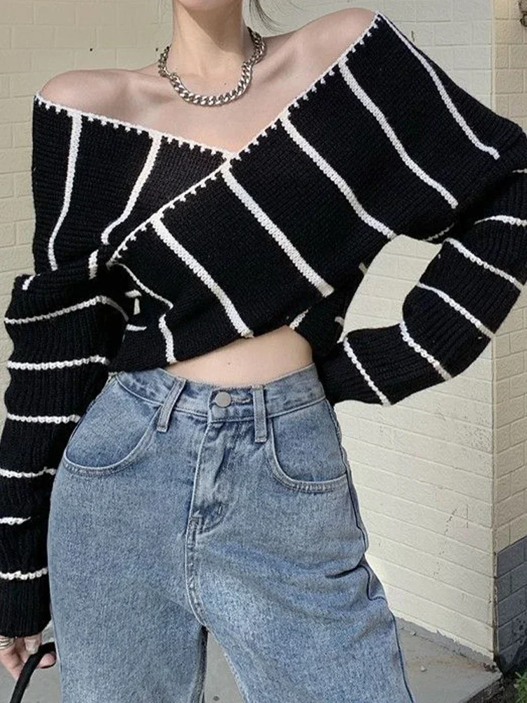 Striped Sweater Women Off Shoulder Long Sleeve Slim Knitted Pullover Female Elegant Sexy Contrast Color Versatile Short Jumper