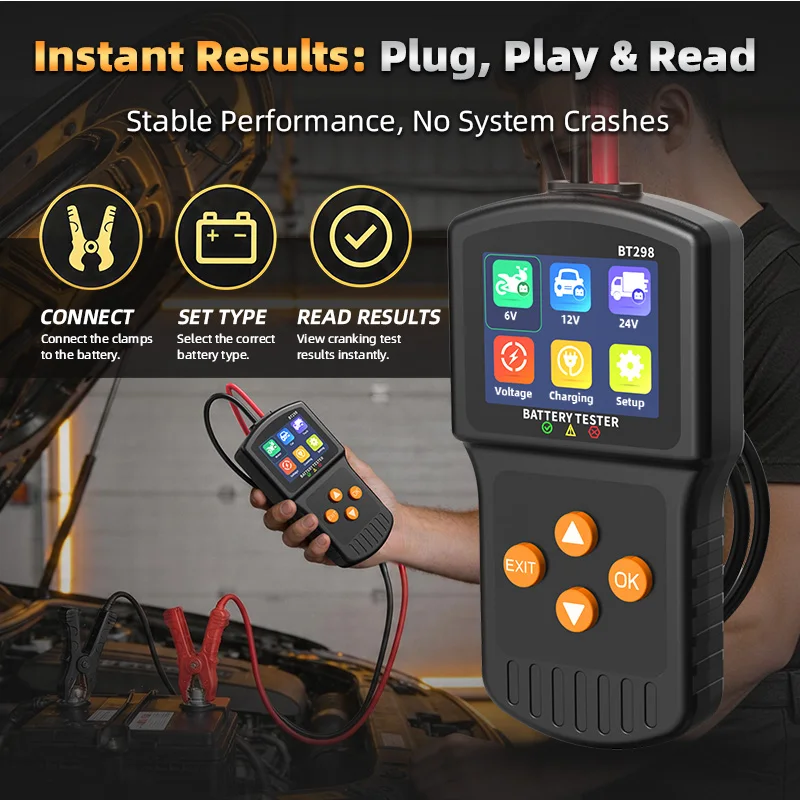 2026 Kowankit BT298 Car Battery Tester 6V-12V Real-time Battery Health Quick Cranking Charging Diagnostic Battery Analyzer Tool