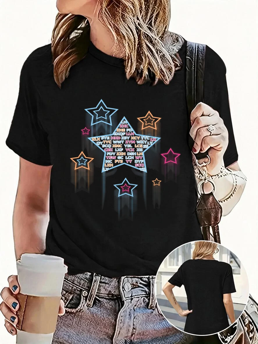 The Colorful Five-pointed Star and Letter Print Crew Neck Short Sleeve T Shirt Women's Graphic Y2k Top Tshirt 90s Clothes Female