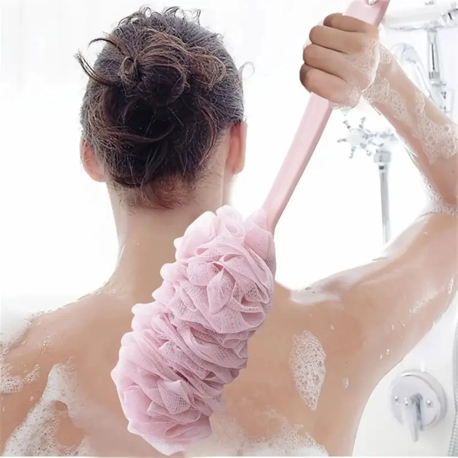 Duschbürste mit langem Griff, Luffa-Schwamm mit Netzschrubber für Peeling-Massage – Badezubehör für die Körper- und Rückenhaut