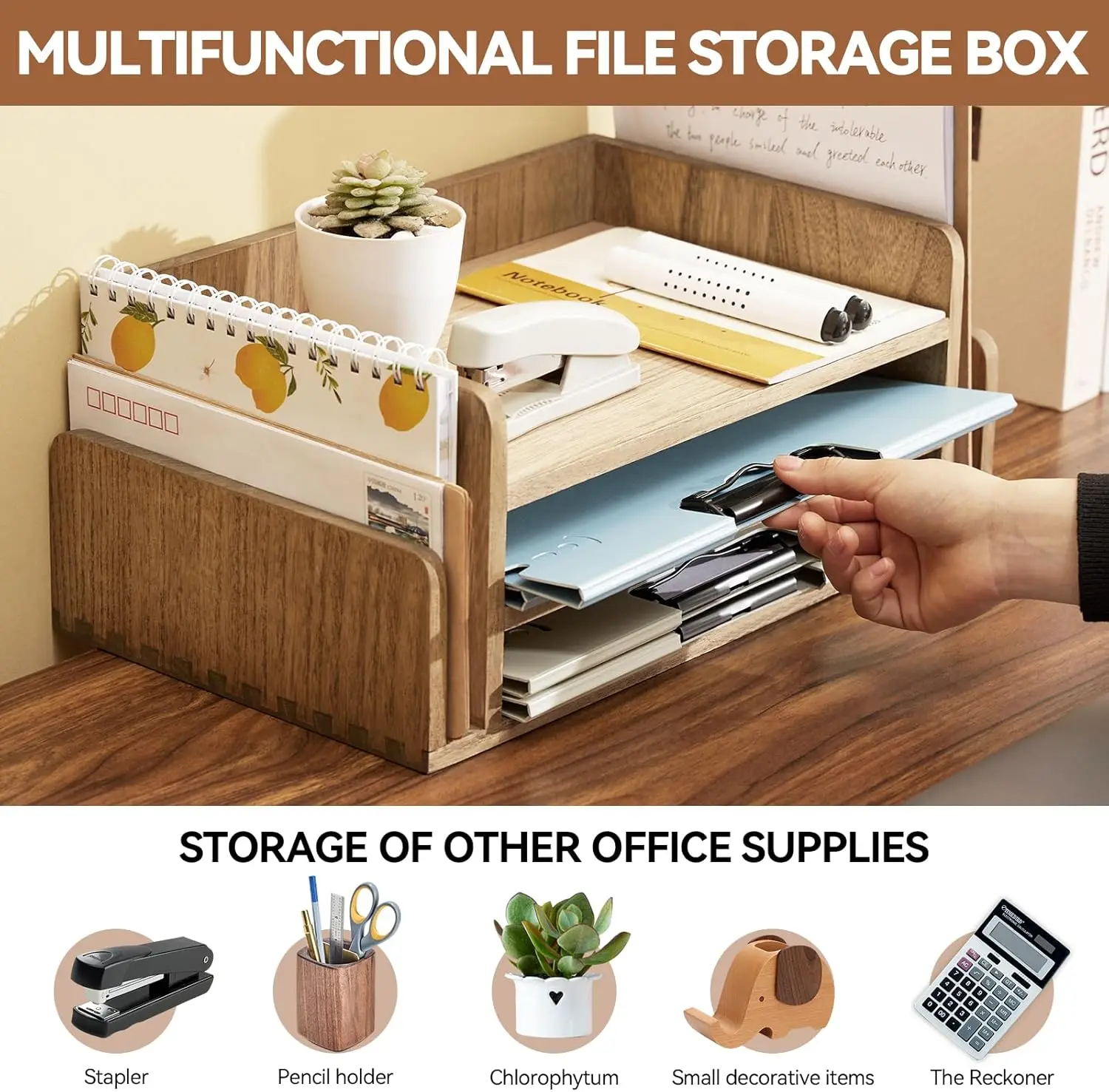 

Wood Desk Organizer 5 Trays - Desktop Document Letter Tray for Folders,File -Nature 3-Tier Office Mail Sorter Brown(2TP-DBR)