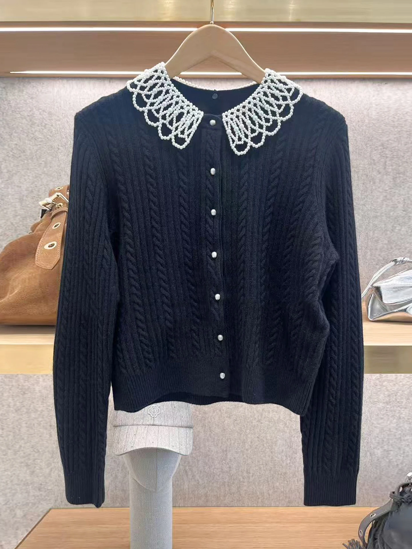 

M Home Southern Oil High End Women's Sweet Youthful Bead Embellied Doll Collar Knitted Open Cardigan Top for Autumn