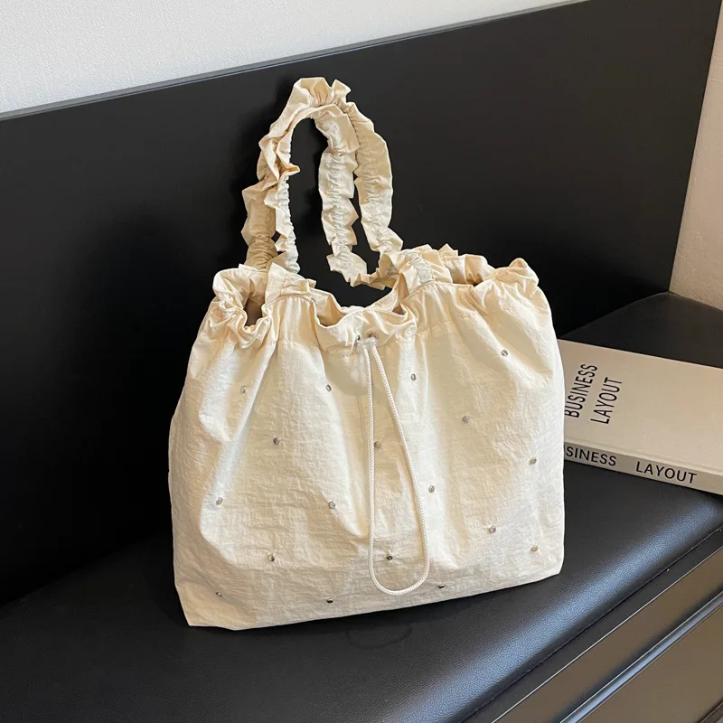 Women's Summer Canvas Bag Korean Pleated Handtasche Damen Torebka Na Ramię Girls Gift Tote Bag White Shoulder Bag Strandtasche