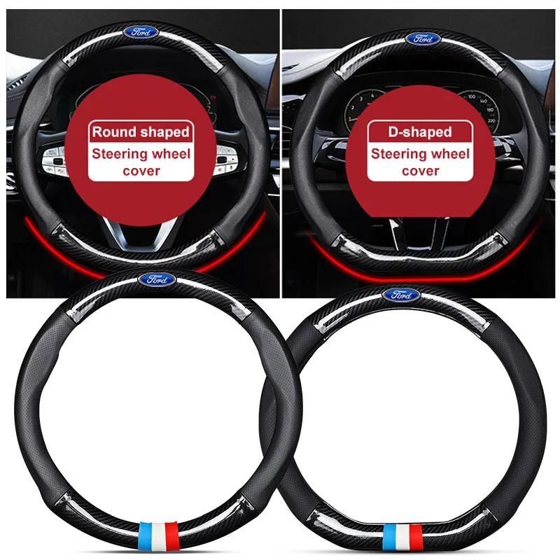 Car Logo Carbon Fiber Car Steering Wheel Cover Car Accessories For Ford Fiesta MK7 Mondeo MK4 ST Focus MK1 MK2 MK3 Focus 2 3 4