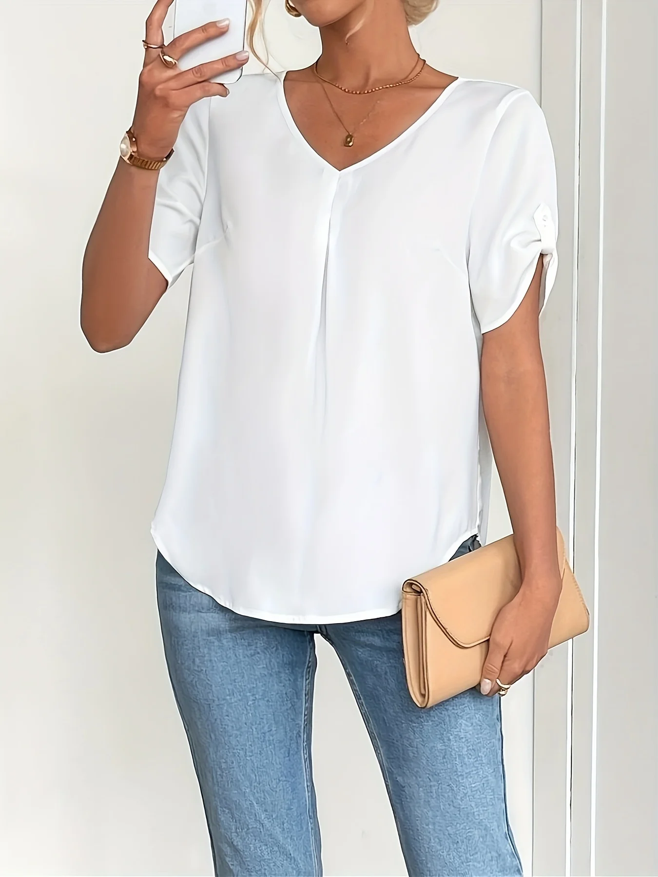 レディース ソリッドカラー V ネック 半袖 ボタン装飾 ホワイト トップ