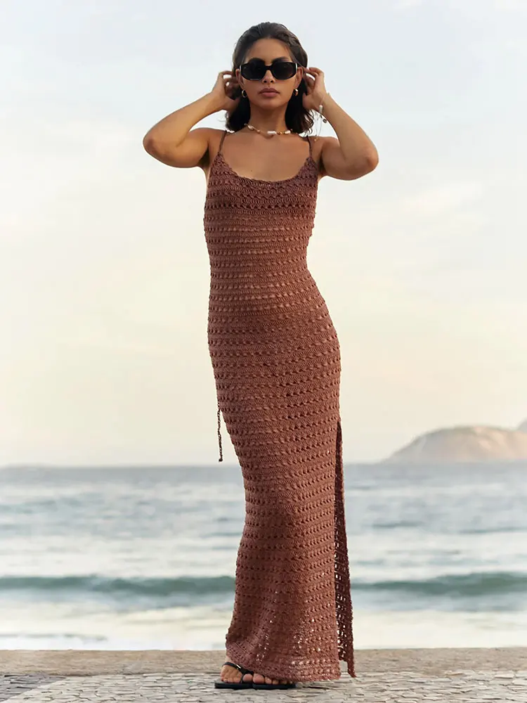 Sexy Knit Cut Out Tassel Spaghetti Strap Bodycon Beach Maxi Dress Summer Women\'s Holiday Club Party Outfit Swimsuit Cover Up K10