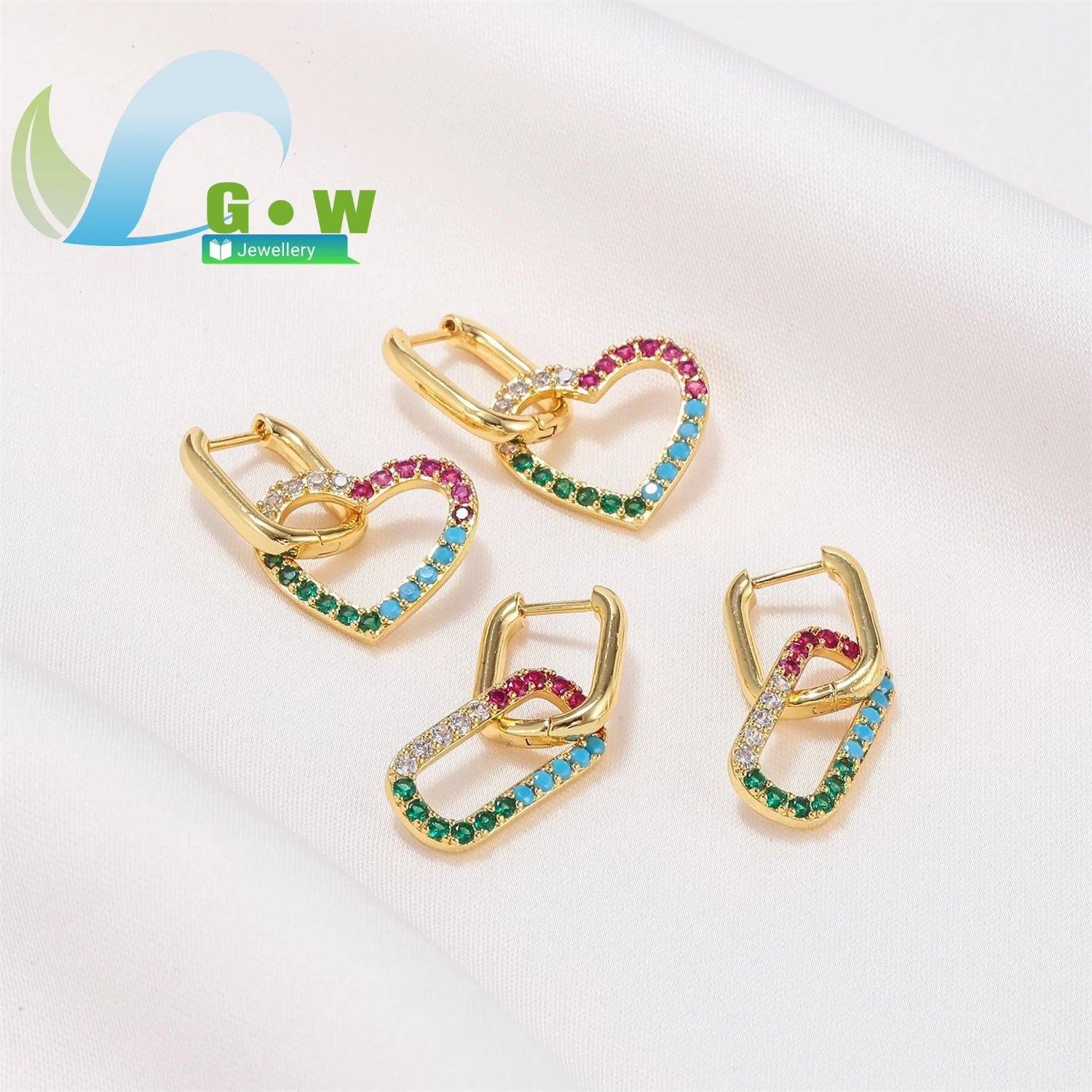 

Модные серьги-клипсы в форме сердца и прямоугольника из 18-каратного золота с цветными цирконами, устойчивые к выцветанию, в стиле Ins, для женщин