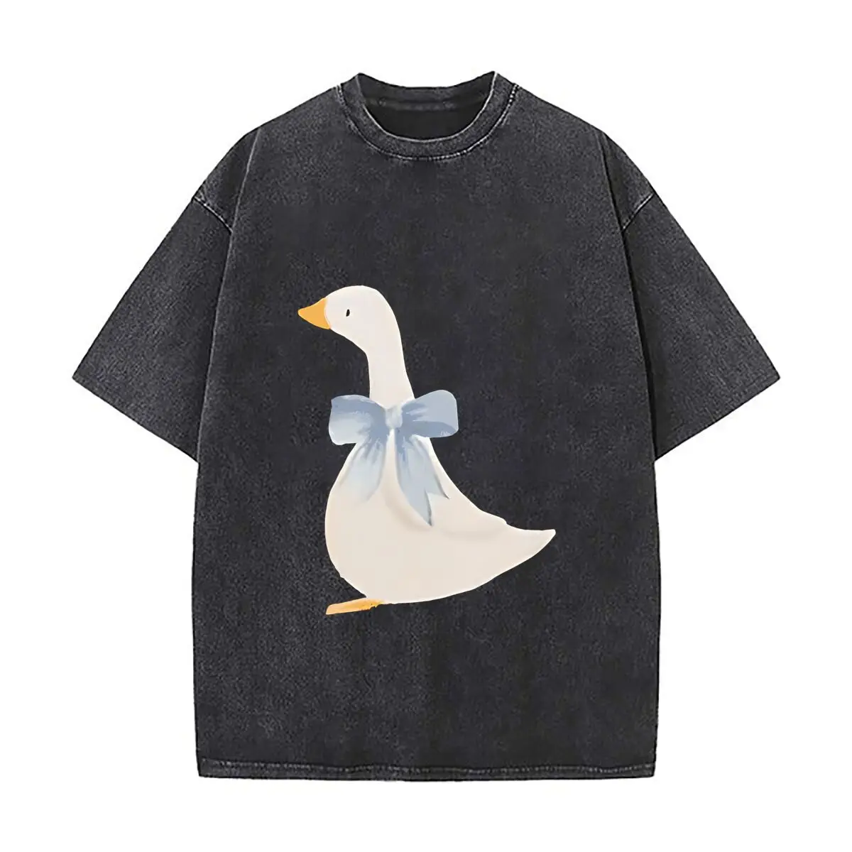 Ceramic Duck With Blue Bow Home Decor Washed Distressed Loose Streetwear Tops for City Walks