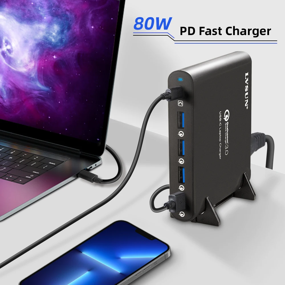 80W QC 3.0 Phone Tablet Laptop Charger Adapter Type-C Type C USB-C USB C Charger for Macbook iPhone 13 12 Huawei Dell Hp Xiao Mi