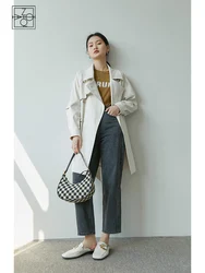 ZIQIAO Japanese Turn-down Collar Full Regular Sleeve Long Trench Straight Jacket Office Lady Double Breasted Solid Spring Coat