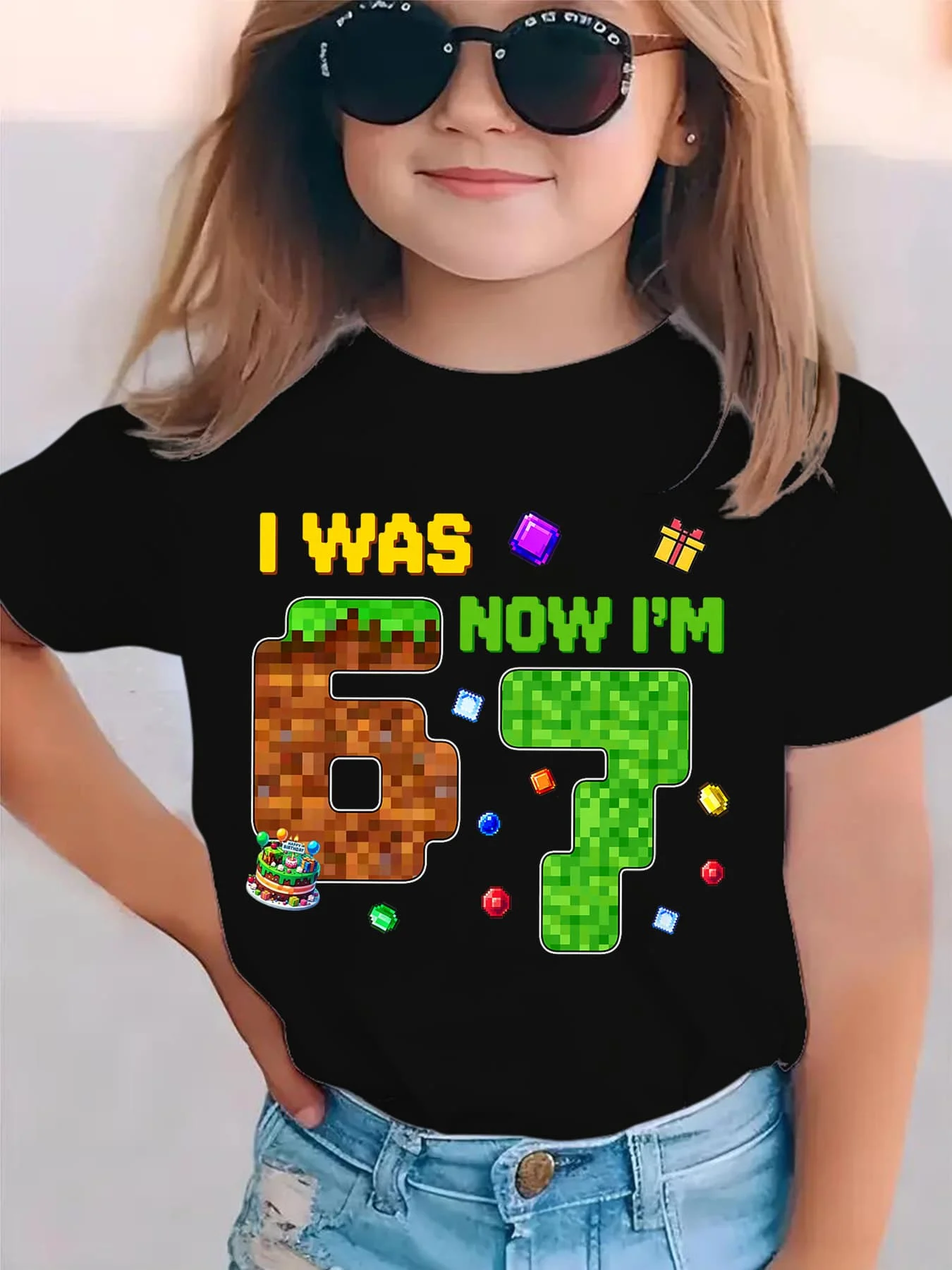 Pixel Game Number 67 Gem Letter Print Boys Girls Family Matching Tee Soft Kids Parent Short Sleeve Daily Casual Comfort T Shirt