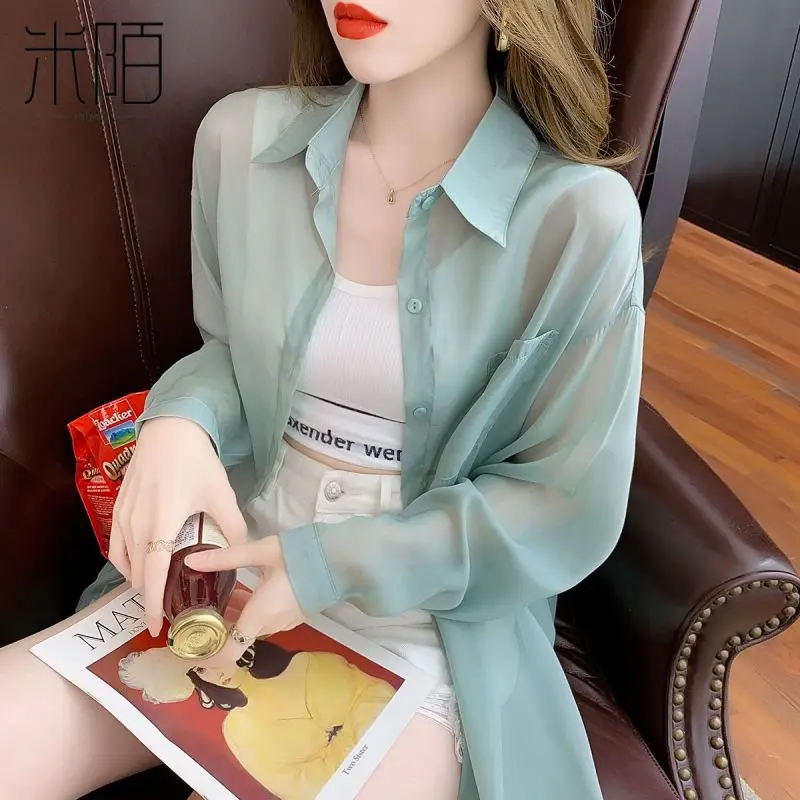 Women Summer Simplicity Loose Sunscreen Chiffon Solid Color Polo-Neck Long Sleeve Shirts Women Clothes Casual All-match Tops