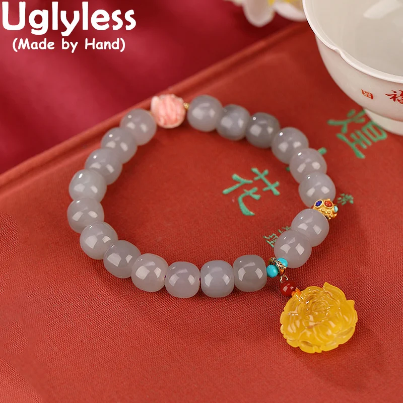 

Uglyless Low-key Natural Grey Jade Bracelets for Women Hotan Gemstones Jewelry Amber Beeswax Flower Charms 925 Sterling Silver